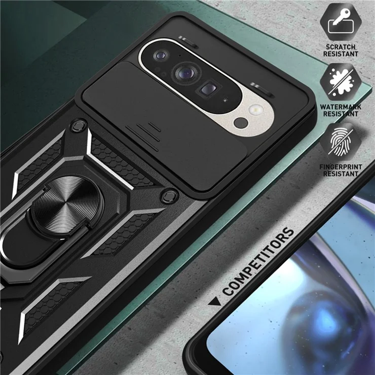 For Google Pixel 9 Pro / Pixel 9 Case with Slide Camera Lid PC+TPU Kickstand Phone Cover - Green