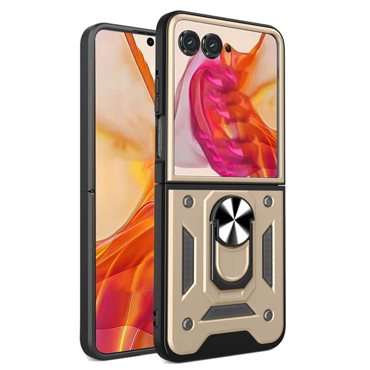 For Motorola Razr 60 / Razr 50 5G Case with Slide Camera Lid PC+TPU Kickstand Phone Cover - Gold