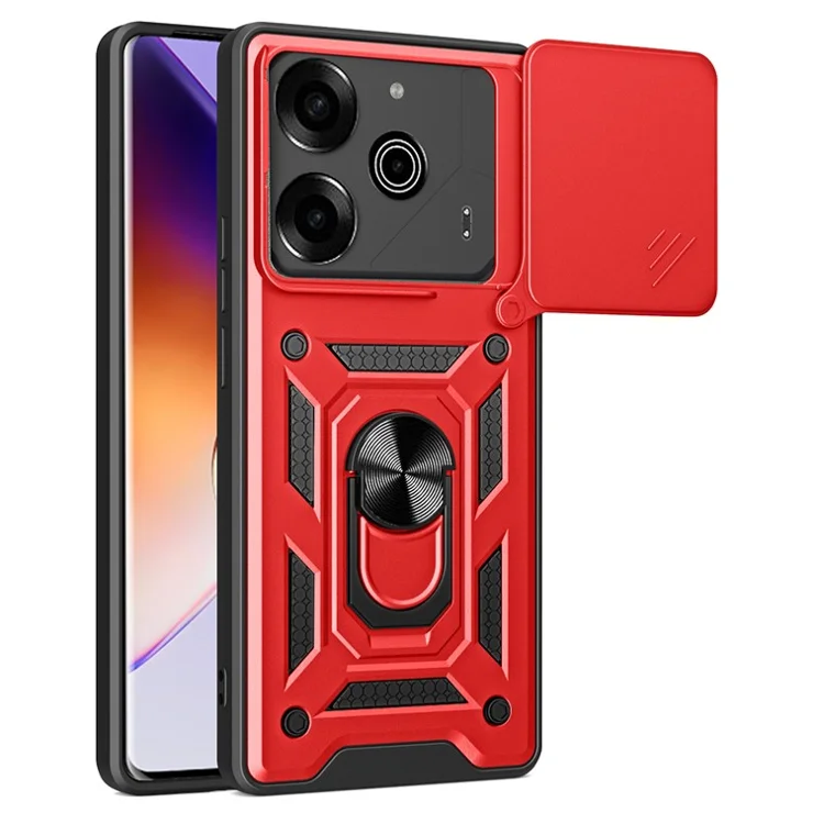 For TECNO Pova 6 Pro 5G Case with Slide Camera Lid PC+TPU Kickstand Phone Cover - Red