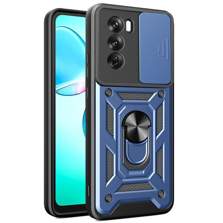 For Oppo Reno12 Pro 5G (Global) Case with Slide Camera Lid PC+TPU Kickstand Phone Cover - Blue