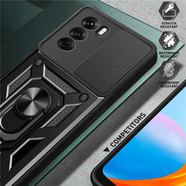 For Oppo Reno12 Pro 5G (Global) Case with Slide Camera Lid PC+TPU Kickstand Phone Cover - Blue