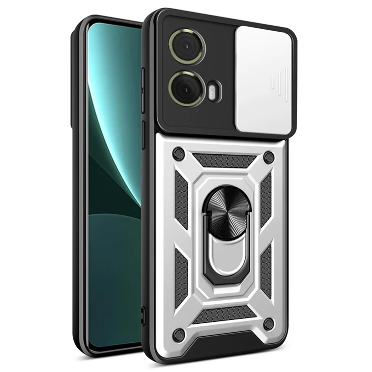 For Motorola Moto S50 Neo 5G / G85 5G Case with Slide Camera Lid PC+TPU Kickstand Phone Cover - Silver