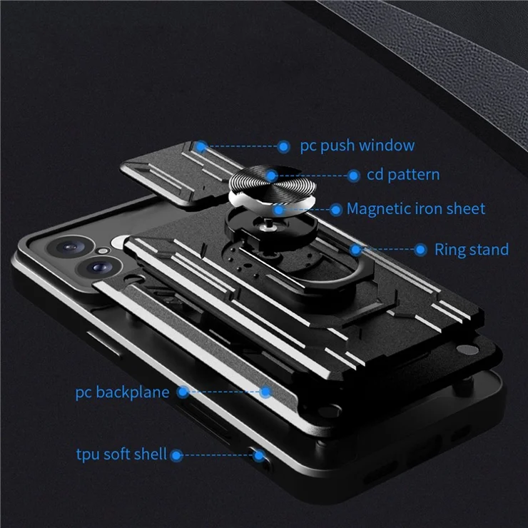 For iPhone 16 Case PC+TPU Kickstand Phone Back Cover with Camera Slider - Sapphire