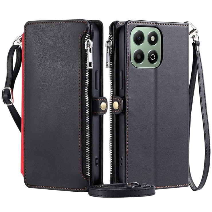 015 Style For Honor X6b 4G Case TPU+PU Leather Wallet Phone Cover with Straps - Black