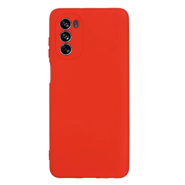 For Motorola Moto G62 5G Liquid Silicone Shockproof Protective Phone Case Soft Fiber Lining Anti-Scratch Cover with Strap - Red