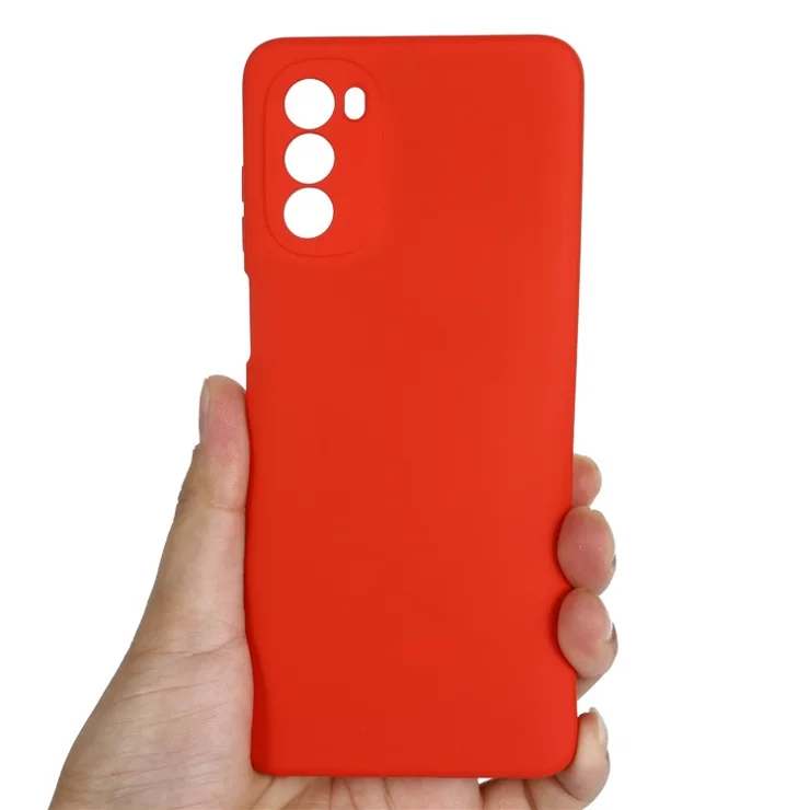 For Motorola Moto G62 5G Liquid Silicone Shockproof Protective Phone Case Soft Fiber Lining Anti-Scratch Cover with Strap - Red