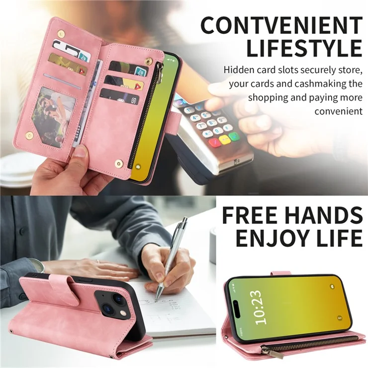 For iPhone 15 Case Zipper Pocket Stand View PU Leather Crossbody Phone Bag - Pink