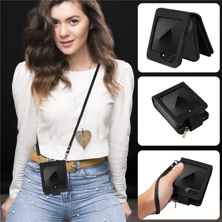 For Samsung Galaxy Z Flip6 5G Leather Case Zipper Wallet Phone Cover with Shoulder Strap - Black