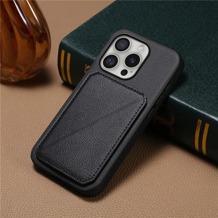 DENIOR D04 For iPhone 16 Pro Case Card Holder Kickstand Leather Coated Phone Cover - Black