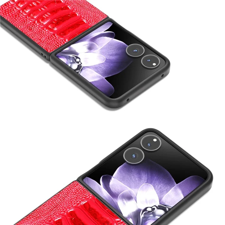 ABEEL For Xiaomi Mix Flip 5G Case Genuine Cow Leather Coated PC Phone Cover Crocodile Texture - Red