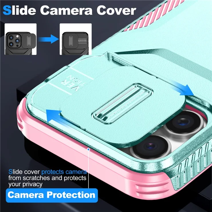 For iPhone 16 Pro Case Camshield TPU+PC Anti-Skid Drop-proof Phone Cover - Grey Green+Pink