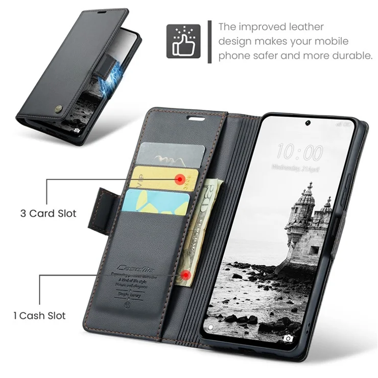 CASEME 023 Series For Xiaomi Redmi 13 5G / 13 4G / Note 13R 5G Case RFID Blocking Glossy Stand Phone Cover - Black