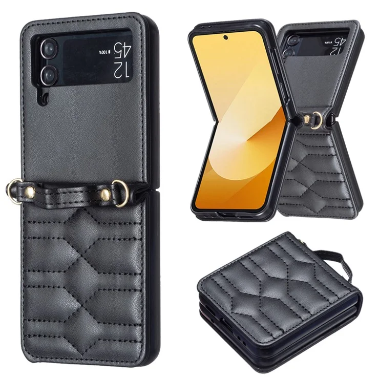 For Samsung Galaxy Z Flip4 5G Leather Case V-Shape Grip Back Cover with Shoulder Strap - Black