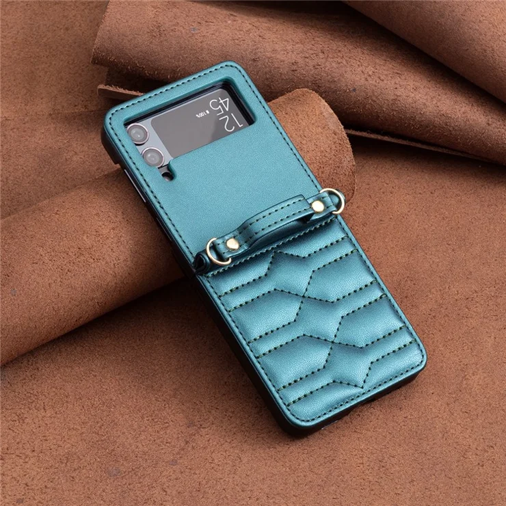 For Samsung Galaxy Z Flip4 5G Leather Case V-Shape Grip Back Cover with Shoulder Strap - Green