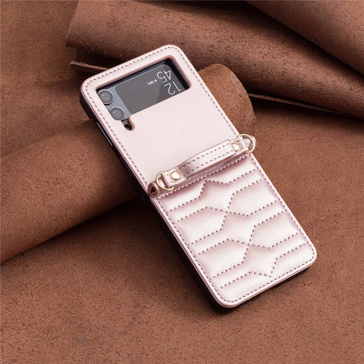 For Samsung Galaxy Z Flip4 5G Leather Case V-Shape Grip Back Cover with Shoulder Strap - Rose Gold