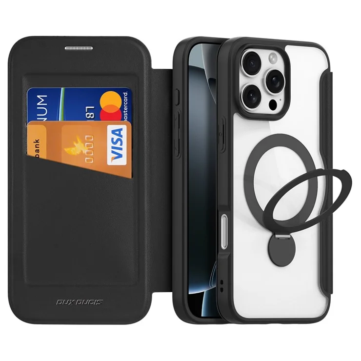 DUX DUCIS Skin X Pro Series for iPhone 16 Pro Max Magnetic Case Kickstand Leather Flip Phone Cover - Black