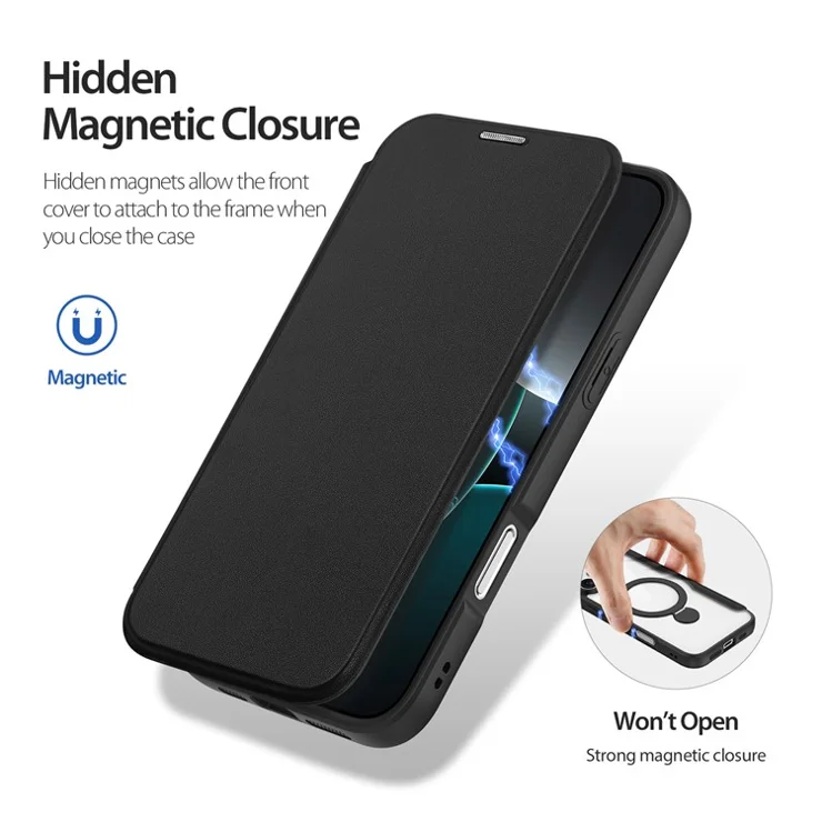 DUX DUCIS Skin X Pro Series for iPhone 16 Pro Max Magnetic Case Kickstand Leather Flip Phone Cover - Black