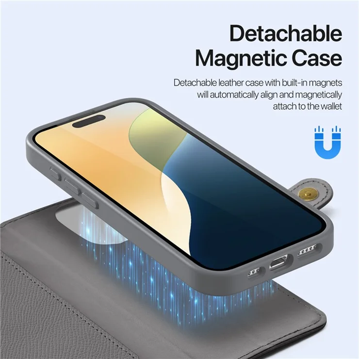 DUX DUCIS Lawa Series for iPhone 16 Pro Max Magnetic Case Cowhide Leather Detachable Phone Cover - Grey