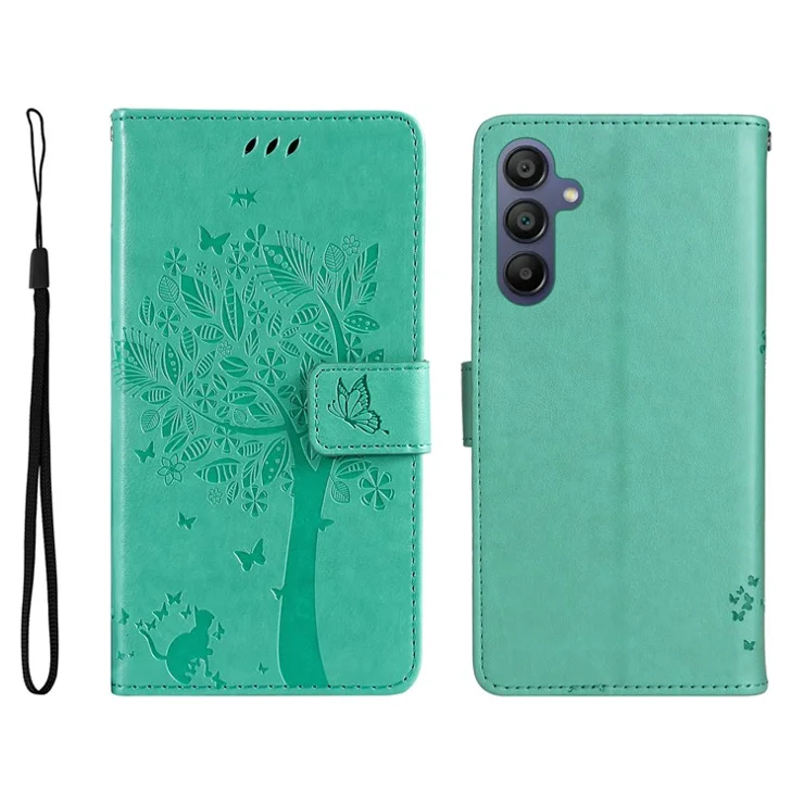For Samsung Galaxy A26 5G / A16 5G / A16 4G Phone Case with Stand Cat Tree Pattern Leather Wallet Mobile Cover - Green