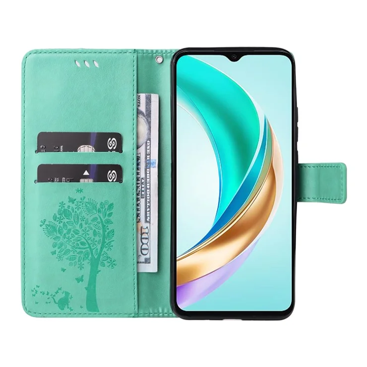 For Honor X6b 4G Phone Case with Stand Cat Tree Pattern Leather Wallet Mobile Cover - Green