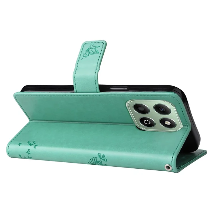 For Honor X6b 4G Phone Case with Stand Cat Tree Pattern Leather Wallet Mobile Cover - Green