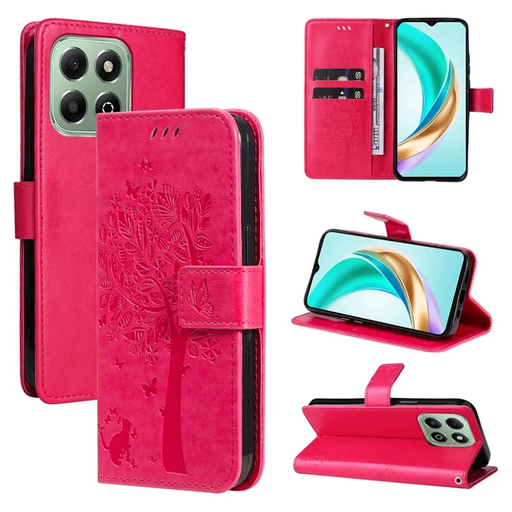 For Honor X6b 4G Phone Case with Stand Cat Tree Pattern Leather Wallet Mobile Cover - Rose