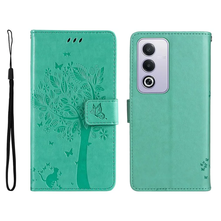 For Oppo A3 Pro (Global) 5G Phone Case with Stand Cat Tree Pattern Leather Wallet Mobile Cover - Green