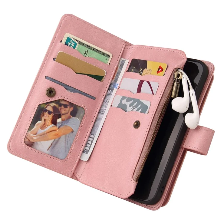 For Oppo Reno12 F 5G Zipper Wallet Case with 15 Card Slots and Strap Leather Phone Cover - Pink