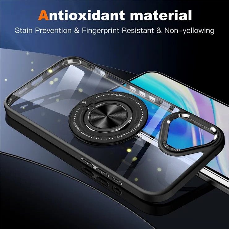 For iPhone 16 Case Magnetic Ring Holder Kickstand PC+TPU Phone Cover - Black