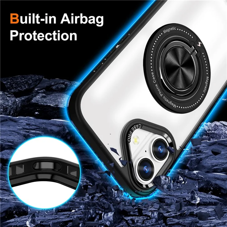 For iPhone 16 Plus Case Magnetic Ring Holder Kickstand PC+TPU Phone Cover - Black