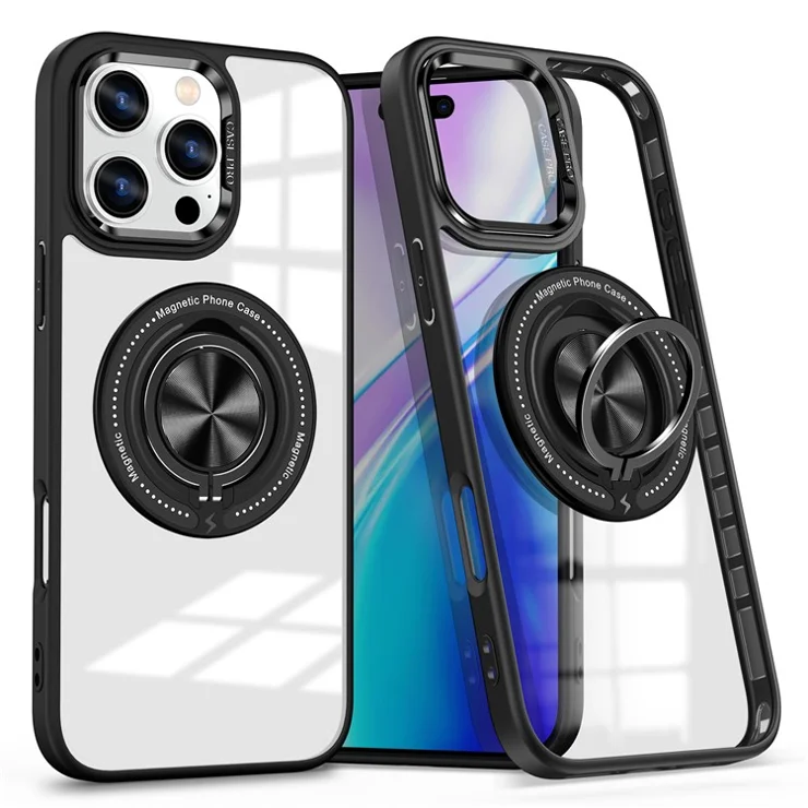 For iPhone 16 Pro Case Magnetic Ring Holder Kickstand PC+TPU Phone Cover - Black