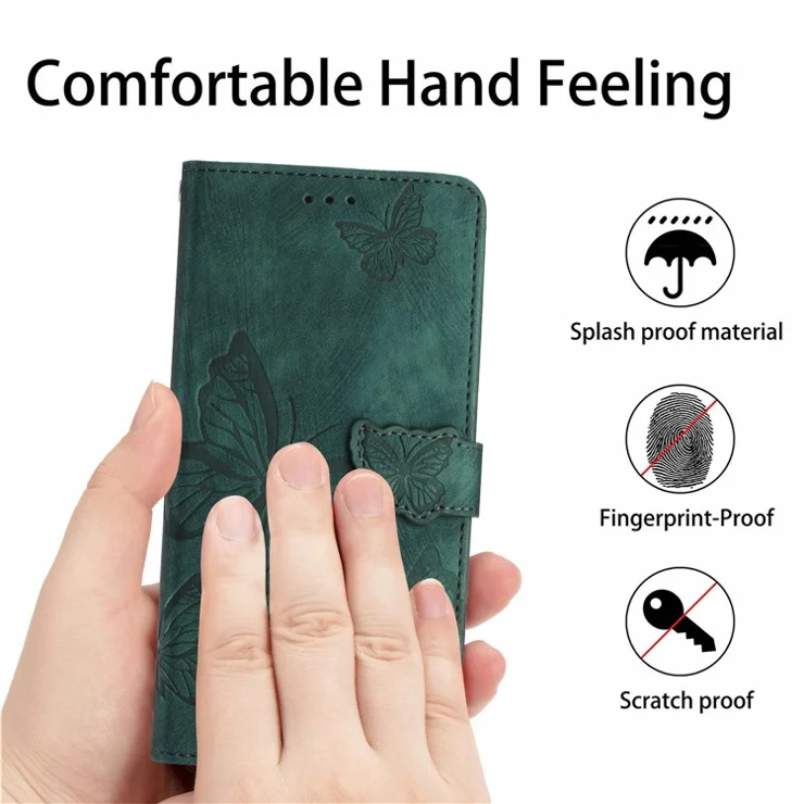 For HMD Pulse Pro Case Butterfly Design Flip Wallet Leather Phone Cover Skin-touch - Green