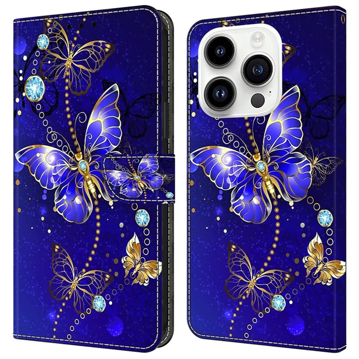 For iPhone 16 Pro Max Case 3D Pattern PU Leather Wallet Phone Cover with Stand - Diamond Butterfly