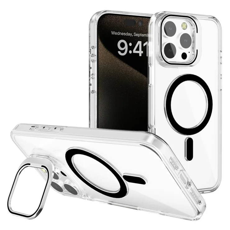J1 For iPhone 16 Pro Max Case Compatible with MagSafe Lens Frame Kickstand Clear PC Phone Cover - Black