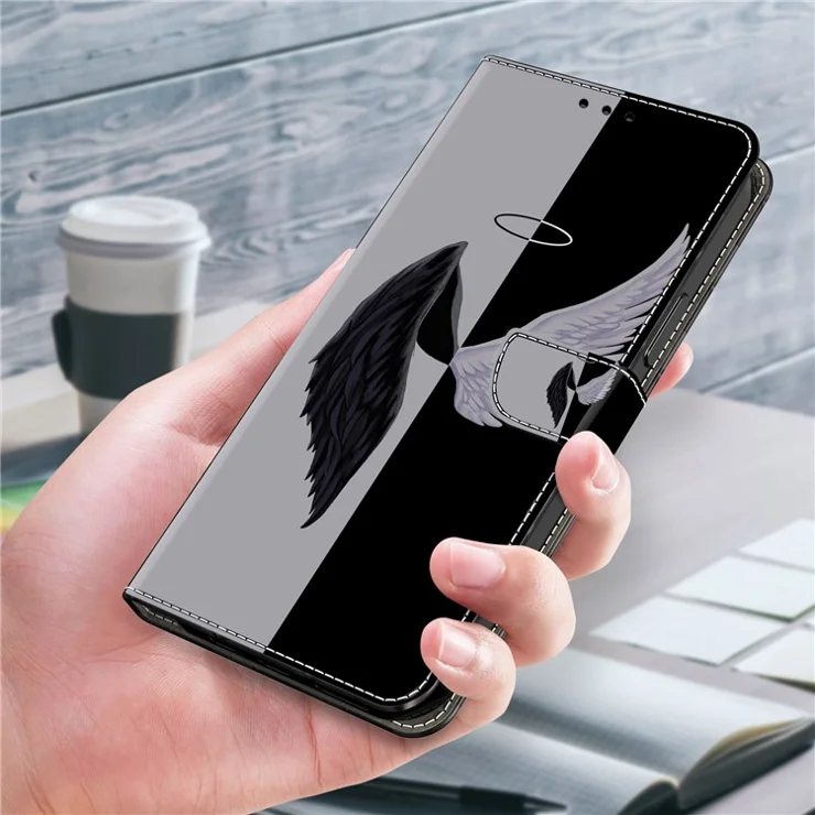 For iPhone 16 Wallet Case Magnetic Clasp 3D Pattern Leather Phone Cover - Black / White Wings