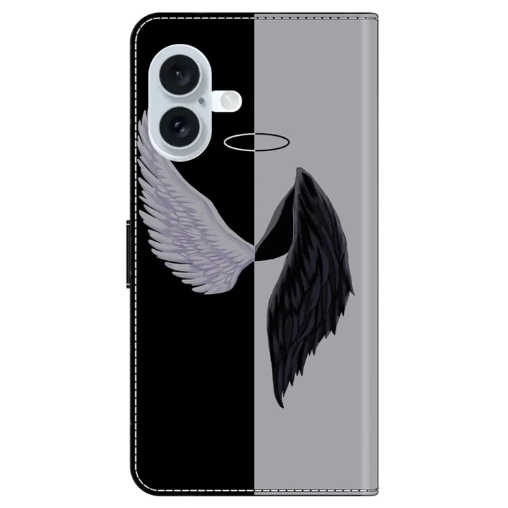 For iPhone 16 Plus Wallet Case Magnetic Clasp 3D Pattern Leather Phone Cover - Black / White Wings