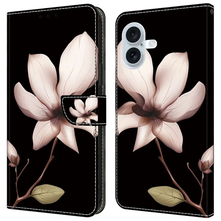 For iPhone 16 Plus Wallet Case Magnetic Clasp 3D Pattern Leather Phone Cover - Pink Flower