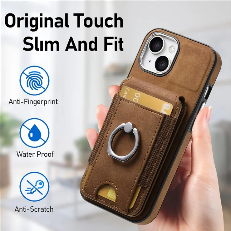 E6 For iPhone 15 Case Skin-touch Texture Vertical Flip Card Holder Ring Holder Kickstand Anti-drop Cover - Brown