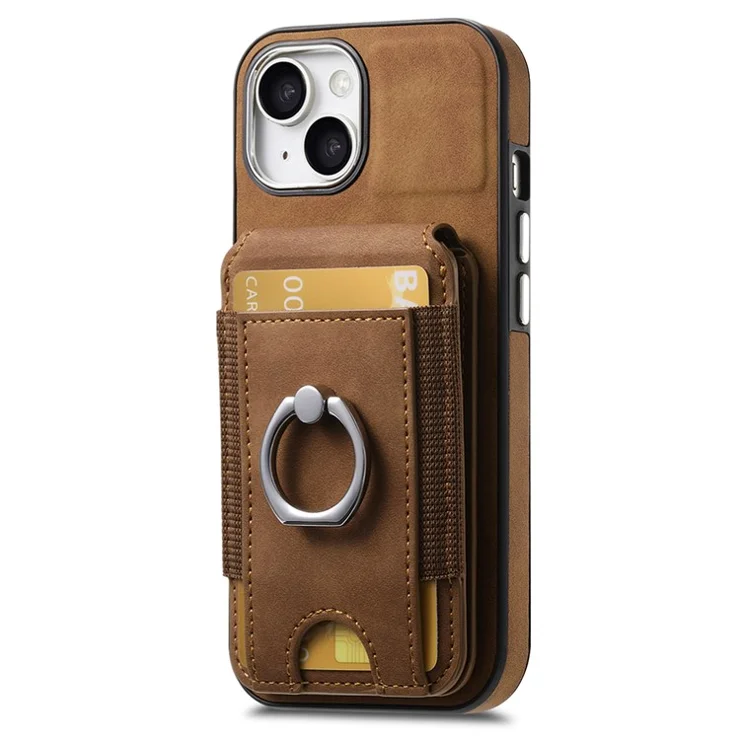 E6 For iPhone 15 Case Skin-touch Texture Vertical Flip Card Holder Ring Holder Kickstand Anti-drop Cover - Brown