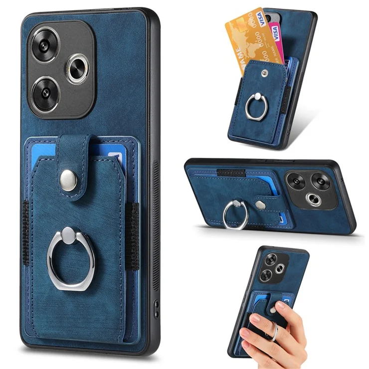 D2 For Xiaomi Poco F6 5G Retro Case Ring Holder Kickstand Leather+TPU Non-Slip Protective Cover Card Slots - Blue