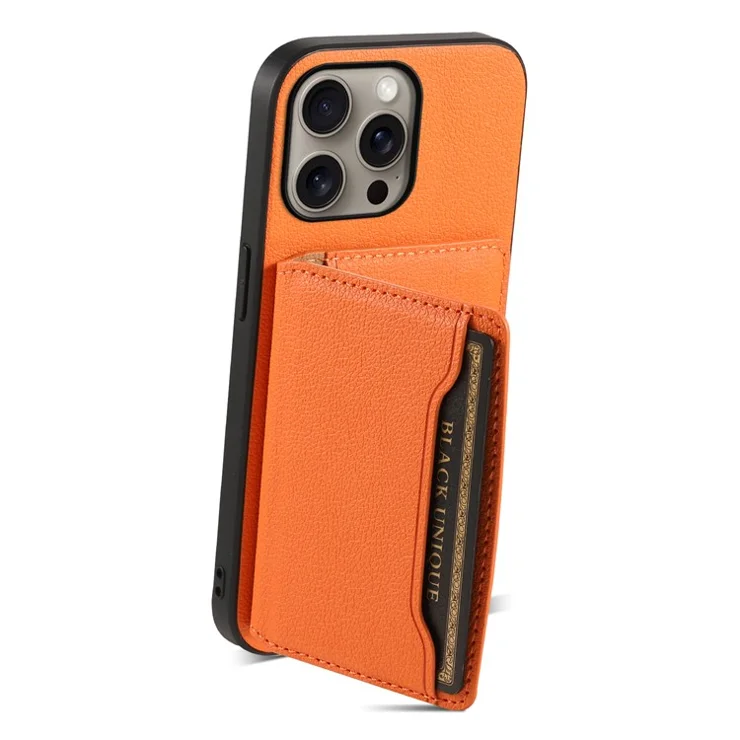 For iPhone 16 Pro Max Case Card Holder Kickstand Leather Coated PC+TPU Phone Cover - Orange