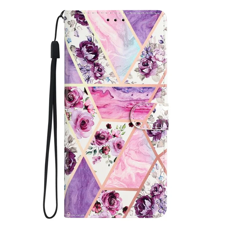 For Google Pixel 9 / 9 Pro Wallet Case PU Leather Pattern Printing Stand Phone Cover with Strap - Purple Flowers