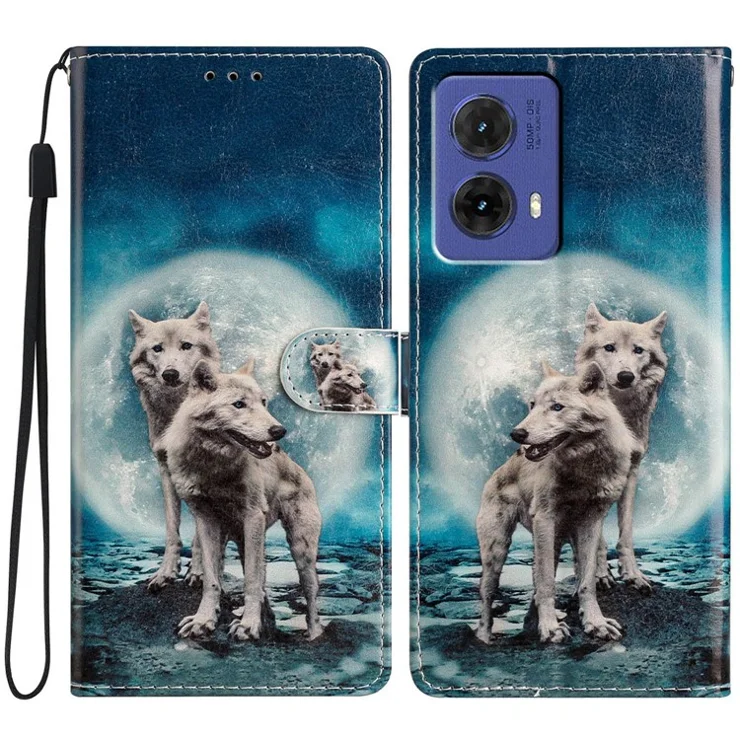For Motorola Moto G85 5G Wallet Case PU Leather Pattern Printing Stand Phone Cover with Strap - Two Wolves