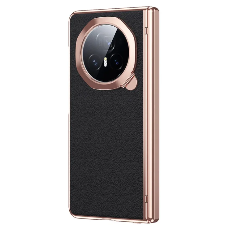 For Honor Magic V3 5G Case Lens Frame Kickstand Leather+PC Phone Cover with Screen Film - Black