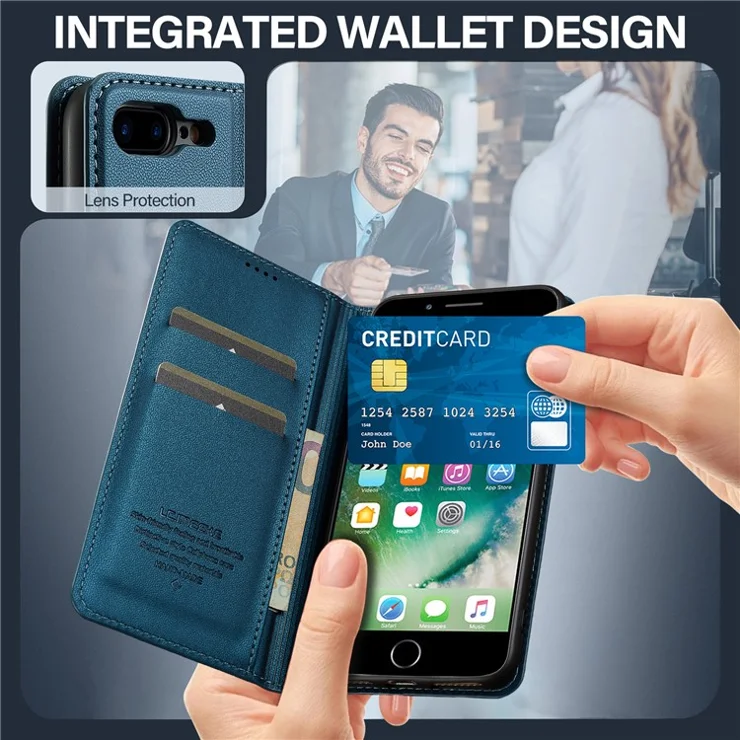 LC.IMEEKE L1 Series for iPhone 8 Plus / 7 Plus Case PU Leather Wallet Stand Protective Phone Cover - Blue