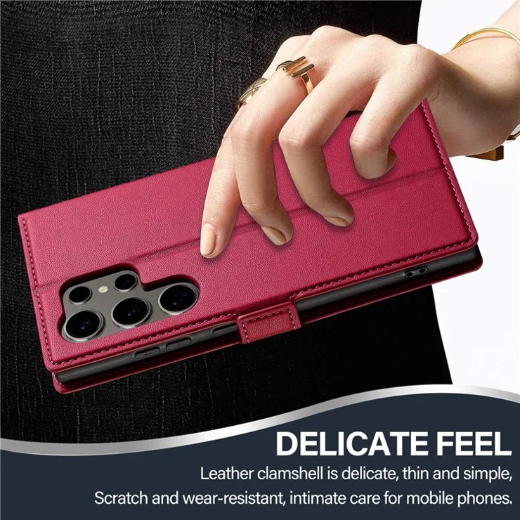 LC.IMEEKE L1 Series for Samsung Galaxy S24 Ultra Case PU Leather Wallet Stand Protective Phone Cover - Red