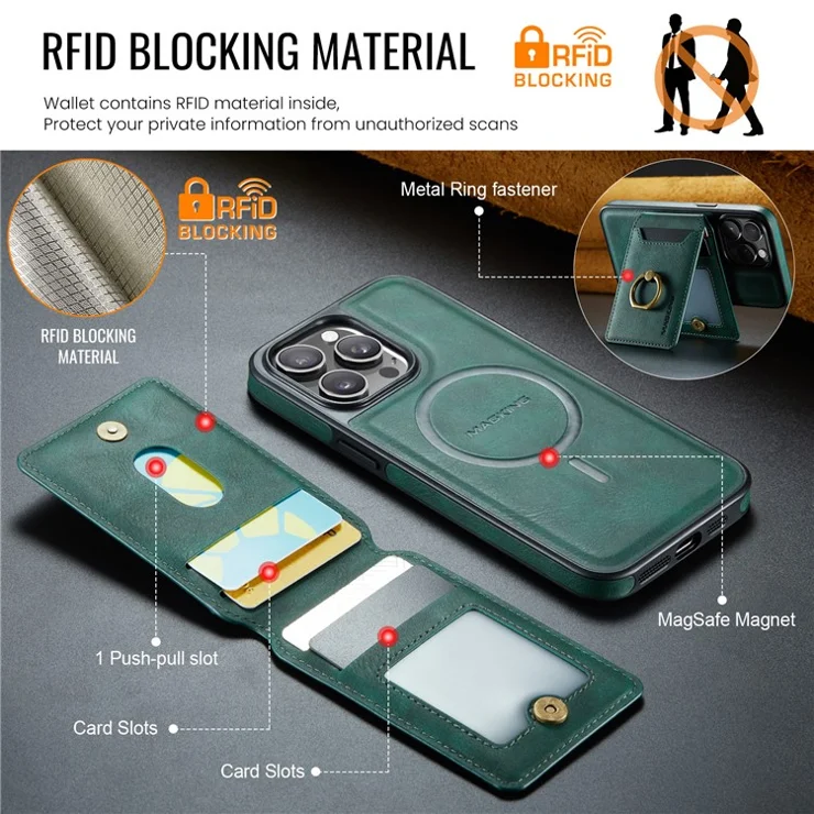 MAGKING K1 Series For iPhone 14 Pro Max Magnetic Case PC+TPU+PU Phone Cover with Card Holder Kickstand - Green