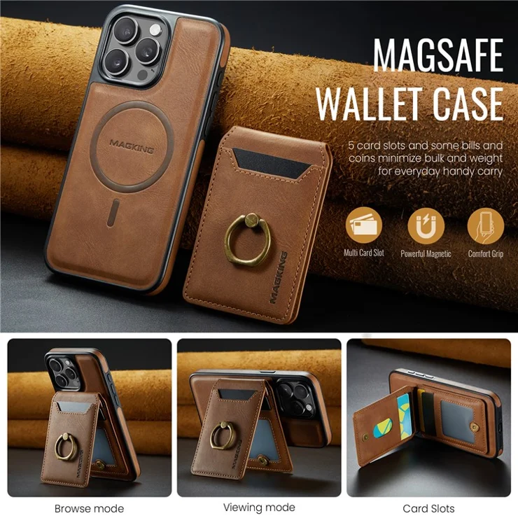 MAGKING K1 Series For iPhone 12 Pro Max Magnetic Case PC+TPU+PU Phone Cover with Card Holder Kickstand - Brown