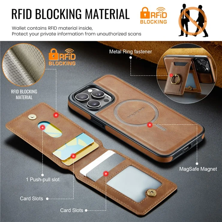MAGKING K1 Series For iPhone 12 Pro Max Magnetic Case PC+TPU+PU Phone Cover with Card Holder Kickstand - Brown