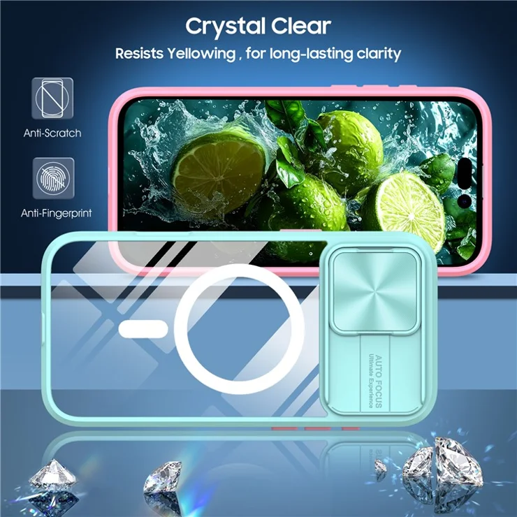 For iPhone 16 Pro Clear Phone Case Compatible with MagSafe PC Cover with Camera Lens Slider - Blue / Pink